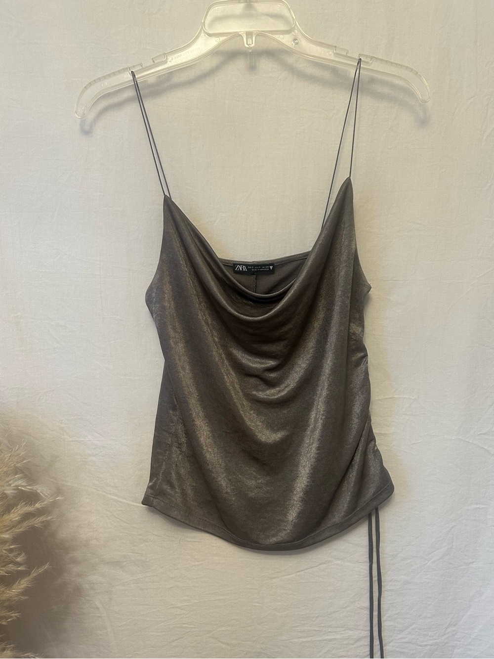 Zara Metallic Cowl Neck Cami Top Silver Pewter Satin Look Ruched Side Y2K Small